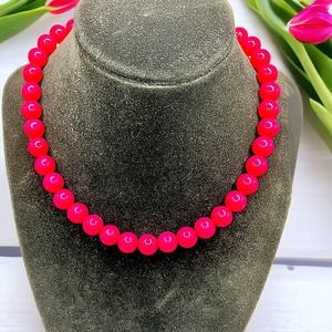 Homemade Hot Pink Round Beaded Collar Stretch 7 3/8 Inch Around Necklace!